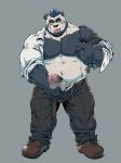  2020 anthro bearwivme belly black_body black_fur bottomwear clothed clothing erection fur genitals giant_panda hi_res humanoid_hands male mammal moobs nipples open_shirt overweight overweight_male pants penis pubes scar shirt simple_background solo tongue tongue_out topwear ursid white_body white_fur 