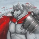  1:1 2018 anthro arum_(thydris) avian biceps bird black_nose blue_eyes canid canine canis cape clothing detailed_background ear_piercing eyebrows flag flagpole frown fur grey_beard grey_body grey_fur grey_hair hair hi_res looking_forward male mammal mountain muscular muscular_male nipples outside pecs piercing pine_tree scar shoulder_guards signature snow snowing solo teeth thydris tree wolf 