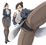  1girl alternate_costume alternate_hairstyle ass_visible_through_thighs belt bespectacled black_panties blazer breasts brown_legwear cameltoe chun-li clenched_hand collage commentary_request earrings glasses grey_skirt hair_bun high_heels highres jacket jewelry kicking large_breasts mature open_mouth panties panties_over_pantyhose pantyhose pencil_skirt semi-rimless_eyewear shibusun shirt side_slit skirt solo street_fighter street_fighter_v teacher thick_thighs thighs under-rim_eyewear underwear upskirt white_shirt 