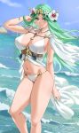  1girl bangs bare_shoulders blush breasts cleavage collarbone fire_emblem fire_emblem:_three_houses fire_emblem_heroes flower green_eyes green_hair hair_flower hair_ornament highres large_breasts long_hair looking_at_viewer navel parted_bangs rhea_(fire_emblem) sendrawz smile thighs 