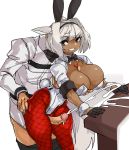  1boy 1girl absurdres animal_ears areola_slip areolae ass_grab black_gloves blue_eyes body_markings bow bowtie breast_grab breast_tattoo breasts bunny_ears bunny_tail caenis_(fate) cleavage cum dark_areolae dark_skin detached_collar erection fake_animal_ears fake_tail fate/grand_order fate_(series) fishnet_legwear fishnets gloves grabbing grabbing_from_behind grin hair_intakes hetero highres huge_breasts leotard looking_back pants_down pantyhose penis projectile_cum red_legwear shrug_(clothing) silver_hair sleeves_rolled_up smile standing standing_sex strapless strapless_leotard tail tattoo thigh_sex white_background white_leotard wrist_cuffs zana 