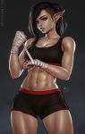  abs bottomwear bra breasts cleavage clothed clothing ear_piercing ear_ring elf female hi_res humanoid humanoid_pointy_ears muscular muscular_female not_furry piercing sciamano240 shorts solo sports_bra underwear 