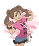  1girl :d bag black_bow blue_shorts bow bow_shirt brown_hair commentary_request dark_skin eyelashes green_eyes hands_up looking_at_viewer open_mouth pink_shirt pokemon pokemon_(game) pokemon_xy sana_(pokemon) shirt short_sleeves shorts shoulder_bag smile solo spread_fingers tongue twintails white_bag youasato 