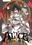  1girl absurdres alice:_madness_returns alice_(wonderland) american_mcgee&#039;s_alice black_hair blood bloody_knife card cheshire_cat dress highres knife long_hair looking_at_viewer mad_hatter solo striped striped_legwear weapon white_rabbit 