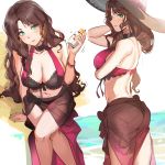  1girl aqua_eyes ass back bangs bare_shoulders bikini blush breasts brown_hair cleavage collarbone dorothea_arnault fire_emblem fire_emblem:_three_houses fire_emblem_heroes hat highres large_breasts long_hair looking_at_viewer navel ormille parted_lips sarong sitting sun_hat swimsuit 