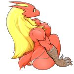  1:1 4_fingers anthro blaziken breasts butt clothing danonymous female fingers hi_res looking_at_viewer looking_back nintendo pok&eacute;mon pok&eacute;mon_(species) simple_background smile swimwear talons thick_thighs video_games white_background 
