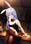  1girl :d alternate_costume animal_ears bar bare_shoulders black_leotard black_neckwear blue_hair blush bottle bow bowtie breasts bunny_ears bunny_tail bunnysuit cleavage collarbone crossed_legs cup detached_collar drinking_glass extra_ears eyebrows_visible_through_hair from_above hair_down hand_on_table highres holding holding_cup hololive indoors leotard long_hair looking_at_viewer medium_breasts mejedo707 open_mouth pantyhose raised_eyebrows red_eyes shiny shiny_clothes shiny_skin short_eyebrows sitting sitting_on_bar skewer smile solo stool strapless strapless_leotard symbol-shaped_pupils tail tareme teeth thick_eyebrows upper_body usada_pekora virtual_youtuber wine_bottle wine_glass wing_collar wrist_cuffs 