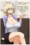  1girl bakugou_mitsuki blonde_hair boku_no_hero_academia breasts camisole cardigan cleavage commentary couch crossed_legs english_commentary english_text huge_breasts looking_at_viewer mature naughty_face open_cardigan open_clothes pencil_skirt red_eyes sano_br short_hair skirt smile solo spaghetti_strap spiked_hair 