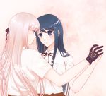  2girls bangs black_gloves black_ribbon blue_eyes blue_hair blunt_bangs braid brown_skirt closed_mouth collared_shirt danganronpa danganronpa_1 dress_shirt eye_contact gloves hair_ornament hair_ribbon hairclip highres holding_hand interlocked_fingers kirigiri_kyouko long_hair looking_at_another maizono_sayaka multiple_girls neck_ribbon pleated_skirt red_eyes ribbon school_uniform shiny shiny_hair shirt short_sleeves silver_hair single_braid sketti skirt smile standing upper_body very_long_hair white_background white_shirt wing_collar yuri 