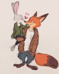  &lt;3 anthro barefoot bottomwear canid canine carrying clothed clothing disney duo fox fully_clothed fur grey_body grey_fur jacket judy_hopps lagomorph leporid looking_at_another mammal nick_wilde pants pnoll rabbit red_fox simple_background smile standing topwear zootopia 