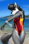  5_fingers absurd_res anthro beach black_hair black_nose canid canine canis clothed clothing day detailed_background eyebrows eyelashes female fingers fur grey_body grey_fur hair hi_res mammal mykegreywolf one-piece_swimsuit outside red_eyes sand seaside shoreline sky solo standing swimwear water wolf 