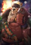  2020 anthro belly brown_body brown_fur clothing detailed_background food fur hi_res humanoid_hands kemono kimun_kamui_(tas) loincloth male mammal moobs nagisabus night nipples outside overweight overweight_male solo tokyo_afterschool_summoners ursid video_games 