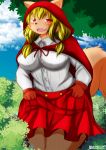  anthro big_breasts black_nose blonde_hair blush bottomwear breasts brown_body brown_fur canid canine cloak clothed clothing cloud day dress_shirt eringi fangs female fluffy fluffy_tail fully_clothed fur gloves hair handwear hi_res hood kemono little_red_riding_hood little_red_riding_hood_(copyright) looking_at_viewer mammal monotone_body monotone_fur nature open_mouth open_smile outside pigtails plant red_bottomwear red_clothing red_eyes red_gloves red_skirt shirt shrub skirt sky smile solo standing topwear tree white_clothing white_shirt white_topwear 