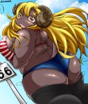  anthro big_breasts big_butt bikini blush bovid breasts butt caprine clothed clothing cloud curved_horn curvy_figure day digital_media_(artwork) eringi female fur glistening glistening_body glistening_butt glistening_eyes glistening_fur grey_body grey_fur hair hi_res horizontal_pupils horn huge_breasts kemono legwear long_hair looking_at_viewer looking_back mammal monotone_body monotone_fur monotone_hair open_mouth open_smile outside pupils rear_view road_sign sheep sign skimpy sky slightly_chubby smile solo standing swimwear thick_thighs thigh_highs voluptuous wide_hips yellow_eyes 