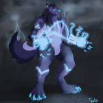  1:1 2018 4_toes 5_fingers abs anthro armlet biceps blue_body blue_eyes blue_fur blue_hair blue_nose blue_pawpads canid canine canis chain cloud detailed_background ear_piercing electricity eyebrows featureless_crotch fingers fur glowing glowing_body glowing_eyes glowing_fur hair hi_res leg_markings lightning looking_forward magic magic_user male mammal markings multicolored_body multicolored_fur muscular muscular_male navel nipples outside pawpads pecs piercing pine_tree raining signature socks_(marking) solo standing storm teeth thydris toes tree wolf 