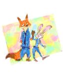  2019 abstract_background anthro bottomwear canid canine clothed clothing disney duo fox fully_clothed fur grey_body grey_fur judy_hopps mammal necktie nick_wilde open_mouth open_smile orange_body orange_fur pants pnoll police_uniform red_fox shirt smile standing topwear uniform zootopia 