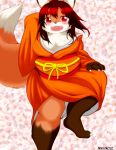  4_fingers anthro asian_clothing big_breasts big_tail black_nose blush breasts brown_body brown_fur canid canine chest_tuft claws clothed clothing dipstick_ears dipstick_tail dress east_asian_clothing eringi fangs female finger_claws fingers flower fluffy fluffy_tail fox fully_clothed fur hair hi_res japanese_clothing kemono kimono leg_markings looking_at_viewer mammal markings monotone_hair multicolored_body multicolored_ears multicolored_fur multicolored_tail obi obijime open_mouth open_smile orange_body orange_clothing orange_dress orange_fur photo_background plant red_eyes red_hair smile socks_(marking) solo standing toe_claws tuft white_body white_fur 
