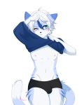  2020 absurd_res ahoge anthro blue_body blue_eyes blue_fur blue_highlights blush bulge clothed clothing clothing_lift countershading digital_media_(artwork) front_view fur hair hi_res highlights_(coloring) male mammal navel nipples one_eye_closed pandalaw portrait shirt shirt_lift simple_background solo standing three-quarter_portrait topwear underwear undressing white_background white_countershading white_hair 