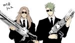  2boys achilles_(fate) brown_hair chiron_(fate) closed_mouth facing_viewer fate/apocrypha fate_(series) formal green_hair holding holding_weapon long_hair male_focus men_in_black multiple_boys parody snj suit sunglasses upper_body weapon 