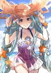  1girl absurdres blue_eyes blue_hair blue_sky blue_swimsuit blurry blurry_background blush braid casual_one-piece_swimsuit collarbone cowboy_shot day dress granblue_fantasy grin hakamii hat highres long_hair looking_at_viewer lyria_(granblue_fantasy) ocean one-piece_swimsuit outdoors purple_ribbon ribbon short_dress sketch sky sleeveless sleeveless_dress smile solo standing strapless strapless_dress straw_hat sun_hat swimsuit twintails very_long_hair wrist_ribbon 