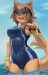  1girl animal_ears armband blue_eyes blue_sky breasts bulge cloud dog_ears dog_tail futanari headband highres kobold monster_musume_no_iru_nichijou nipple_slip nipples one-piece_swimsuit open_mouth polt seraziel sky smile striped striped_swimsuit swimsuit tagme tail water waves wet wet_clothes wristband 