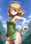 1girl ahoge ass_visible_through_thighs bangs bare_shoulders blonde_hair blue_eyes blurry blurry_background blush breasts closed_mouth commentary_request covered_navel day depth_of_field dress elbow_gloves elf eyebrows_visible_through_hair glint gloves green_dress highres holding holding_sheath holding_sword holding_weapon looking_at_viewer original outdoors pointy_ears rohitsuka see-through sheath sleeveless sleeveless_dress small_breasts solo standing sword thighhighs unsheathing weapon white_gloves white_legwear zettai_ryouiki 