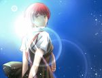  1girl arms_behind_back bangs blue_sky brown_eyes brown_skirt closed_mouth danganronpa from_behind koizumi_mahiru lens_flare looking_at_viewer looking_back miniskirt plaid_neckwear pleated_skirt red_hair shiny shiny_hair shirt short_hair short_sleeves sketti skirt sky smile solo standing sun sunlight super_danganronpa_2 vest white_shirt wind wind_lift 