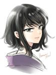  1girl bangs black_hair closed_mouth commentary_request copyright_name cropped_shoulders eyebrows_visible_through_hair green_eyes himawari-san lips looking_at_viewer meigetsu_yuu pink_lips short_hair simple_background sketch smile solo sugano_manami white_background 