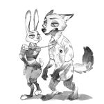  anthro bottomwear canid canine clothed clothing dachacha disney domination duo female female_domination fox greyscale half-closed_eyes hand_on_hip hi_res judy_hopps lagomorph leporid male male/female mammal monochrome narrowed_eyes necktie necktie_grab nick_wilde pants police_uniform rabbit shirt sketch submissive submissive_male topwear uniform zootopia 