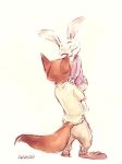  2019 anthro barefoot bottomwear brown_body brown_fur canid canine carrying clothed clothing disney duo fox fully_clothed fur judy_hopps lagomorph leporid mammal nick_wilde pants pnoll rabbit red_fox shirt simple_background standing topwear white_background zootopia 