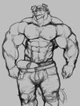  2020 anthro big_muscles bottomwear bulge canid canine clothed clothing droopy_ears erection eyewear eyewear_on_head floopy_ears genitals half-closed_eyes huge_muscles jeans line_art looking_at_viewer male mammal mane muscular muscular_male narrowed_eyes oldshep pants penis poking_out sketch solo standing sunglasses sunglasses_on_head thick_penis topless topless_male torn_bottomwear torn_clothing torn_jeans torn_pants underwear 