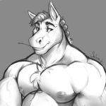  1:1 2020 anthro biceps chest_tuft chewing_grass equid equine eyebrows grey_background hair hay hi_res horse looking_aside male mammal monochrome muscular muscular_male object_in_mouth pecs signature simple_background smile solo thydris tuft vein 