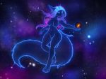  2020 4:3 anthro canid canine canis cosmic_background cosmic_fur cosmic_hair digital_media_(artwork) ethereal_hair female galaxy hair komahu long_hair mammal nude pseudo_hair solo space sphere star wolf 