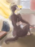  2019 absurd_res anthro backpack beastars bottomless bra brown_body brown_fur canid canine canis clothed clothing female fluffy full-length_portrait fur hi_res inside juno_(beastars) mammal portrait rear_view sitting solo taiarts underwear underwear_only undressing wolf 