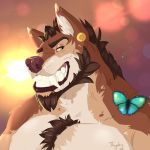  2018 anthro arthropod beard black_nose blurred_background bodily_fluids brown_body brown_fur brown_hair bust_portrait butterfly canid canine canis chest_tuft drooling ear_piercing ear_tuft eyebrows facial_hair fangs fur grin hair hi_res insect lepidopteran looking_at_viewer male mammal multicolored_body multicolored_fur muscular muscular_male pecs piercing portrait saliva signature smile solo sun teeth thydris tobias_(thydris) tuft whiskers wolf yellow_eyes 