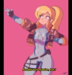  1980s_(style) 1girl belt belt_pouch blue_bodysuit blue_eyes bodysuit bomber_jacket breasts brown_jacket commentary dog_tags english_commentary english_text highres jacket long_hair metroid mole mole_under_mouth oldschool peachyboi pink_background ponytail popped_collar pouch samus_aran solo subtitled thigh_pouch vhs_artifacts windowboxed zero_suit 
