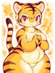  2020 3:4 abstract_background aliasing amber_eyes anthro blush brown_stripes countershade_face countershade_torso countershading covering covering_breasts featureless_crotch felid female fur kemono looking_at_viewer low_res mammal orange_background pantherine portrait simple_background slightly_chubby solo stripes takiune_(pixiv) tan_countershading thick_thighs three-quarter_portrait tiger yellow_body yellow_fur yellow_theme 