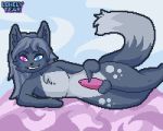  animated anthro balls blue_eyes digital_media_(artwork) domestic_cat felid feline felis fur genitals grey_body grey_fur grey_hair hair heterochromia invalid_tag lonelytear low_res male mammal penis pink_eyes pixel_(artwork) playful simple_background smile smirk solo tailwag twitching 