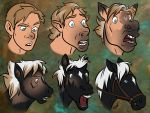  4:3 black_body black_fur blue_eyes bridle brown_hair bust_portrait ear_growth equid equine feral fur green_background hair horse human human_to_feral jakkal male mammal mane muzzle_growth open_mouth portrait short_hair simple_background snout solo species_transformation tan_body tan_skin tongue transformation white_mane 