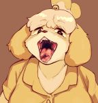  animal_crossing anthro black_eyes blonde_hair bodily_fluids brown_background bust_portrait canid canine canis cherry_stem_knot clothed clothing domestic_dog female floppy_ears fluffy_ears fully_clothed fur gaping_mouth hair hi_res isabelle_(animal_crossing) kemono looking_at_viewer mammal morokko mouth_shot nintendo open_mouth open_smile portrait saliva saliva_on_tongue shih_tzu shirt short_hair simple_background smile solo stem tan_body tan_fur teeth tongue tongue_out topwear toy_dog video_games yellow_body yellow_clothing yellow_fur yellow_shirt yellow_topwear 