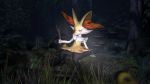  2018 3d_(artwork) ambiguous_gender anthro black_body black_fur braixen depth_of_field detailed_background digital_media_(artwork) ferns flashlight forest fungus fur grass hi_res kristall_krit mushroom nintendo outside pok&eacute;mon pok&eacute;mon_(species) sitting smile solo source_filmmaker stick tree video_games white_body white_fur yellow_body yellow_fur 