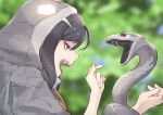  1girl ahoge animal black_hair black_mamba_(kemono_friends) blurry blurry_background character_name commentary don3 fangs from_side green_eyes holding holding_animal hood hood_up kemono_friends open_mouth snake snake_hood solo teeth 
