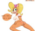  ? accessory activision anthro anus bandicoot blonde_hair bottomless breasts brown_body butt clothed clothing coco_bandicoot crash_bandicoot_(series) dialogue english_text female flower flower_in_hair gametimeasia genitals green_eyes hair hair_accessory mammal marsupial plant portrait presenting presenting_pussy pussy shirt simple_background solo t-shirt text three-quarter_portrait topwear video_games white_background 