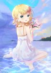  1girl :d backless_dress backless_outfit bangs bare_arms bare_shoulders barefoot blonde_hair blue_sky cloud cloudy_sky commentary_request dated day dress eyebrows_visible_through_hair flower gochuumon_wa_usagi_desu_ka? green_eyes hair_flower hair_ornament hair_ribbon hands_up holding holding_flower kirima_sharo long_hair looking_at_viewer looking_back neki_(wakiko) open_mouth orange_flower outdoors ribbon shallow_water sitting sky sleeveless sleeveless_dress smile solo twitter_username wariza water white_dress white_flower white_ribbon 