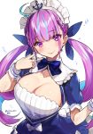  1girl ahoge alracoco anchor_print anchor_symbol aqua_hair breasts cleavage hololive large_breasts looking_at_viewer maid maid_headdress minato_aqua multicolored_hair purple_eyes purple_hair smile solo twintails two-tone_hair upper_body virtual_youtuber white_headdress 