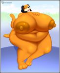  absurd_res anthro bds_charmeleon belly big_breasts breasts canid canine canis collar collar_only domestic_dog duck_hunt duck_hunt_dog eyelashes female hand_on_breast hi_res huge_breasts hyper hyper_breasts mammal nintendo obese obese_female orange_body overweight overweight_female sitting solo thick_thighs tongue tongue_out video_games 