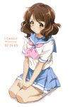  1girl anime_coloring blue_sailor_collar blue_skirt blush brown_eyes brown_hair clenched_hands closed_mouth eyebrows_visible_through_hair hands_on_lap hibike!_euphonium ichimirenge kitauji_high_school_uniform looking_at_viewer medium_hair neckerchief oumae_kumiko pink_neckwear pleated_skirt pout sailor_collar school_uniform seiza serafuku shirt short_sleeves signature sitting skirt socks solo white_background white_legwear white_shirt 