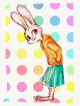  2019 3:4 anthro barefoot bottomwear clothed clothing disney dotted_background fully_clothed fur grey_body grey_fur hi_res judy_hopps lagomorph leporid mammal open_mouth open_smile pattern_background pnoll rabbit simple_background skirt smile solo standing zootopia 