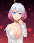  1girl arm_up bangs blue_eyes breasts gradient gradient_background gradient_hair grey_hair hanged heart heart_background kidnapped_girl large_breasts looking_at_viewer medium_hair multicolored_hair open_clothes open_mouth parted_lips rinko_riban rope silver_hair smile tears upper_body 