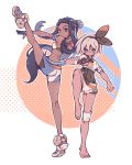  2girls armlet barefoot belly_chain black_bodysuit black_hair black_hairband blue_hair bodysuit bodysuit_under_clothes collared_shirt commentary_request covered_navel dark_skin dynamax_band earrings full_body gloves grey_eyes grey_hair gym_leader hair_between_eyes hair_bun hairband highres holding holding_poke_ball hoop_earrings jewelry knee_pads long_hair looking_at_viewer makeup multicolored_hair multiple_girls poke_ball poke_ball_(basic) pokemon pokemon_(game) pokemon_swsh print_shirt print_shorts rurina_(pokemon) saitou_(pokemon) sandals shiro_(a923808254) shirt short_hair short_sleeves shorts single_glove tied_shirt two-tone_hair 